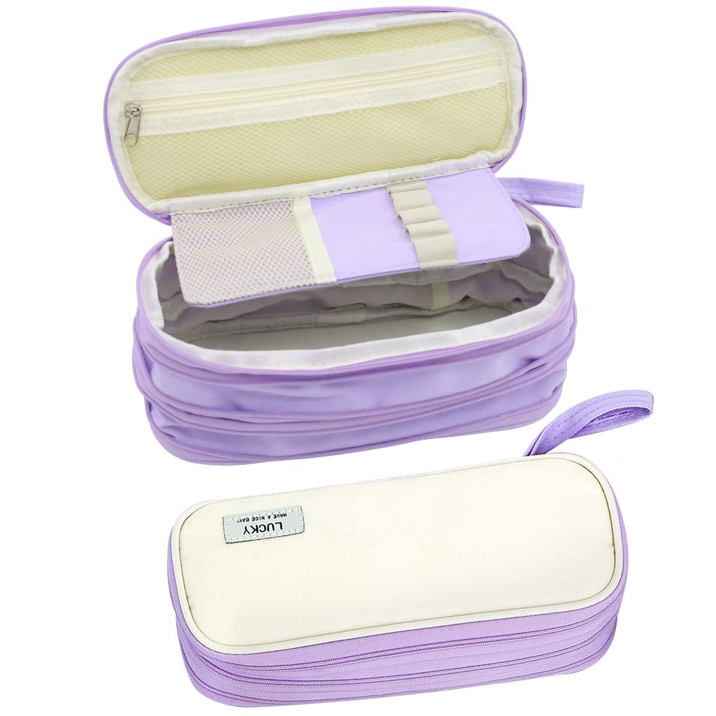 Climberty Large Capacity Pencil Case, Foldable Design Canvas Pencil Pouch with Zipper Compartments & Handle, 3 Layers of Storage 3 Zippers, Aesthetic Pencil Case for Girls Adults Studen (Purple) Climberty Large Capacity Pencil Case, Foldable Design Canvas Pencil Pouch with Zipper Compartments & Handle, 3 Layers of Storage 3 Zippers, Aesthetic Pencil Case for Girls Adults Studen (Purple)